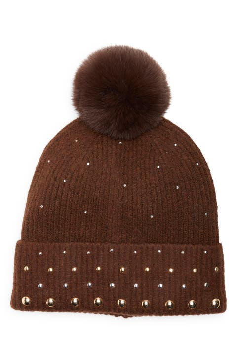 Studded Faux Fur Pompom Beanie