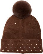 BCBG Studded Faux Fur Pompom Beanie