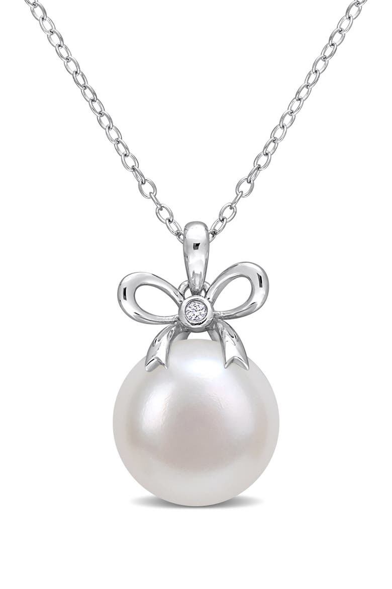 Created White Sapphire & 12-12.5mm White Freshwater Pearl Pendant, Main, color, WHITE