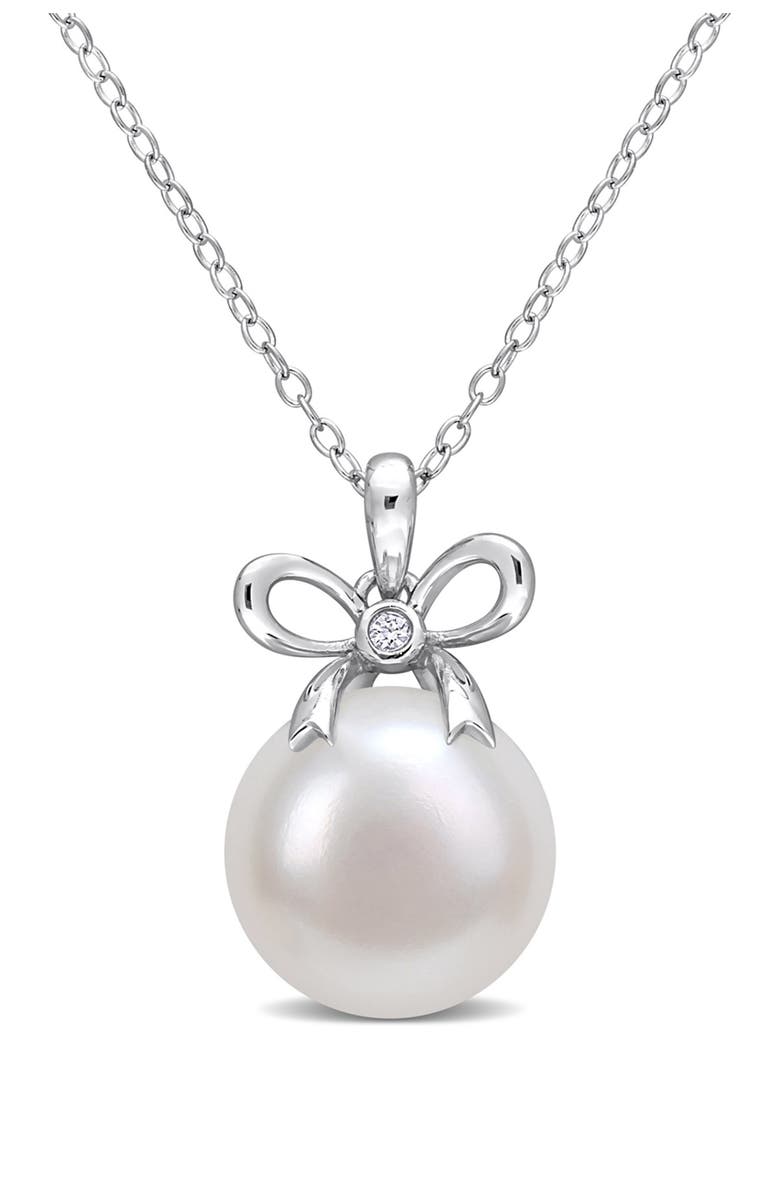 DELMAR Created White Sapphire & 12-12.5mm White Freshwater Pearl Pendant, Main, color, White