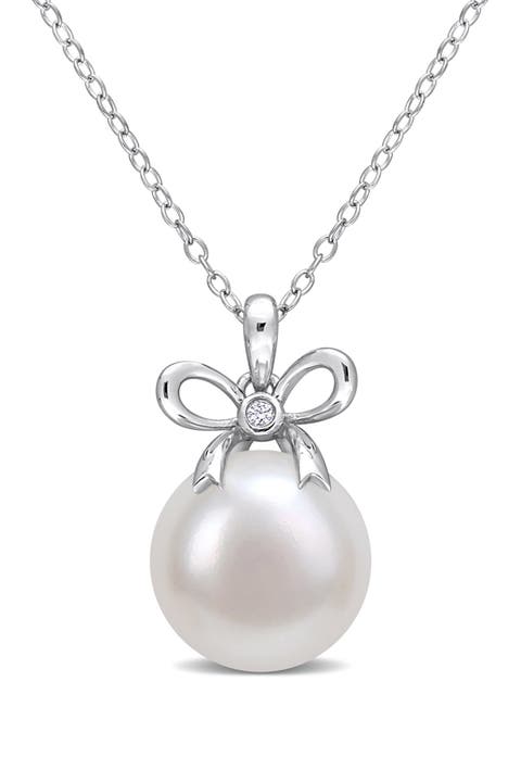 Created White Sapphire & 12-12.5mm White Freshwater Pearl Pendant