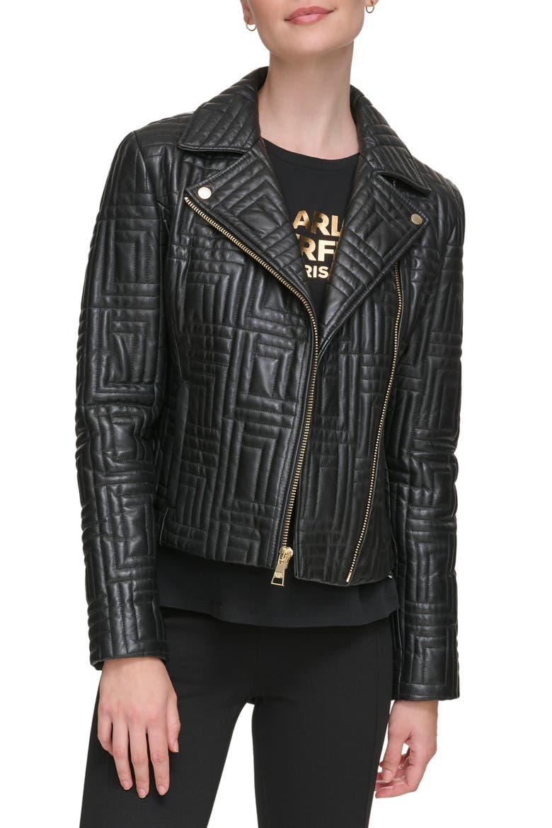 Double Quilted Leather Moto Jacket, Main, color, BLACK