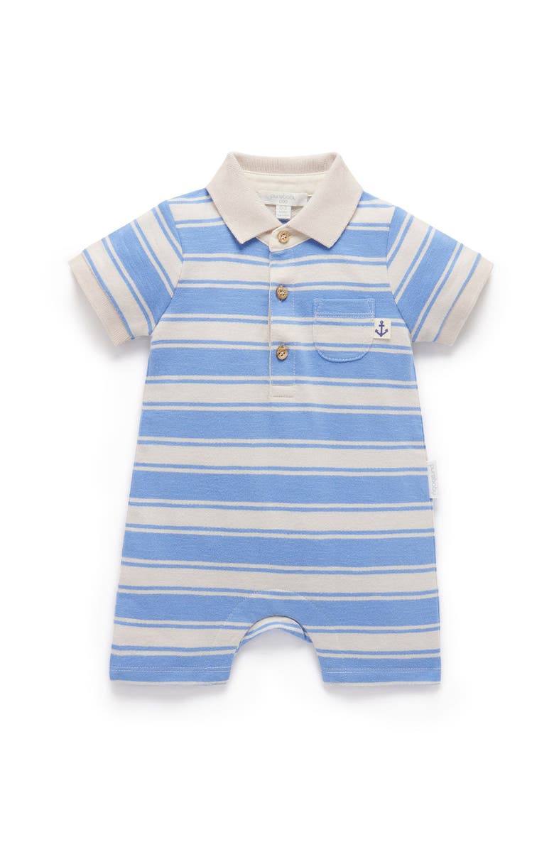 Purebaby Striped Polo Romper, Main, color, Ocean Stripe