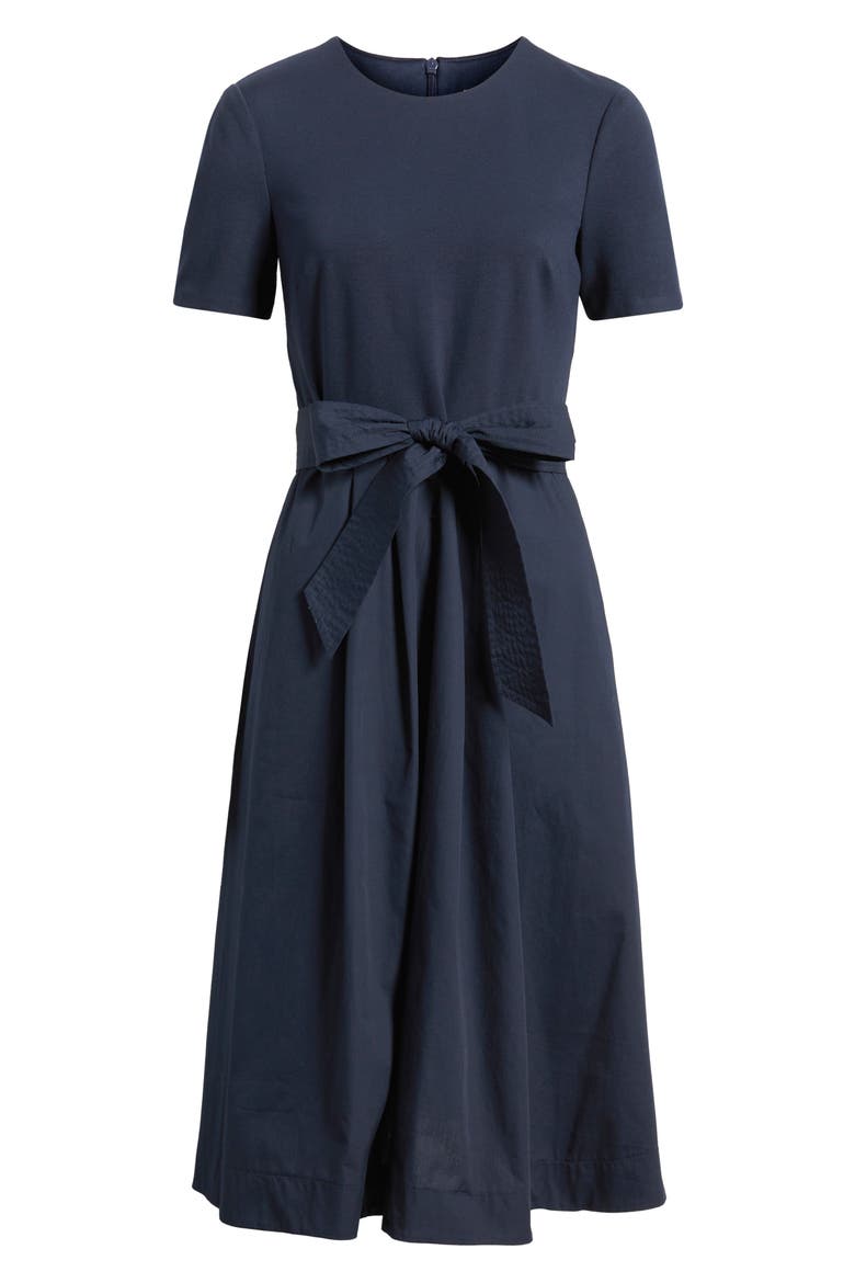 Jewel Neck Tie Waist Midi Dress, Alternate, color, NAVY