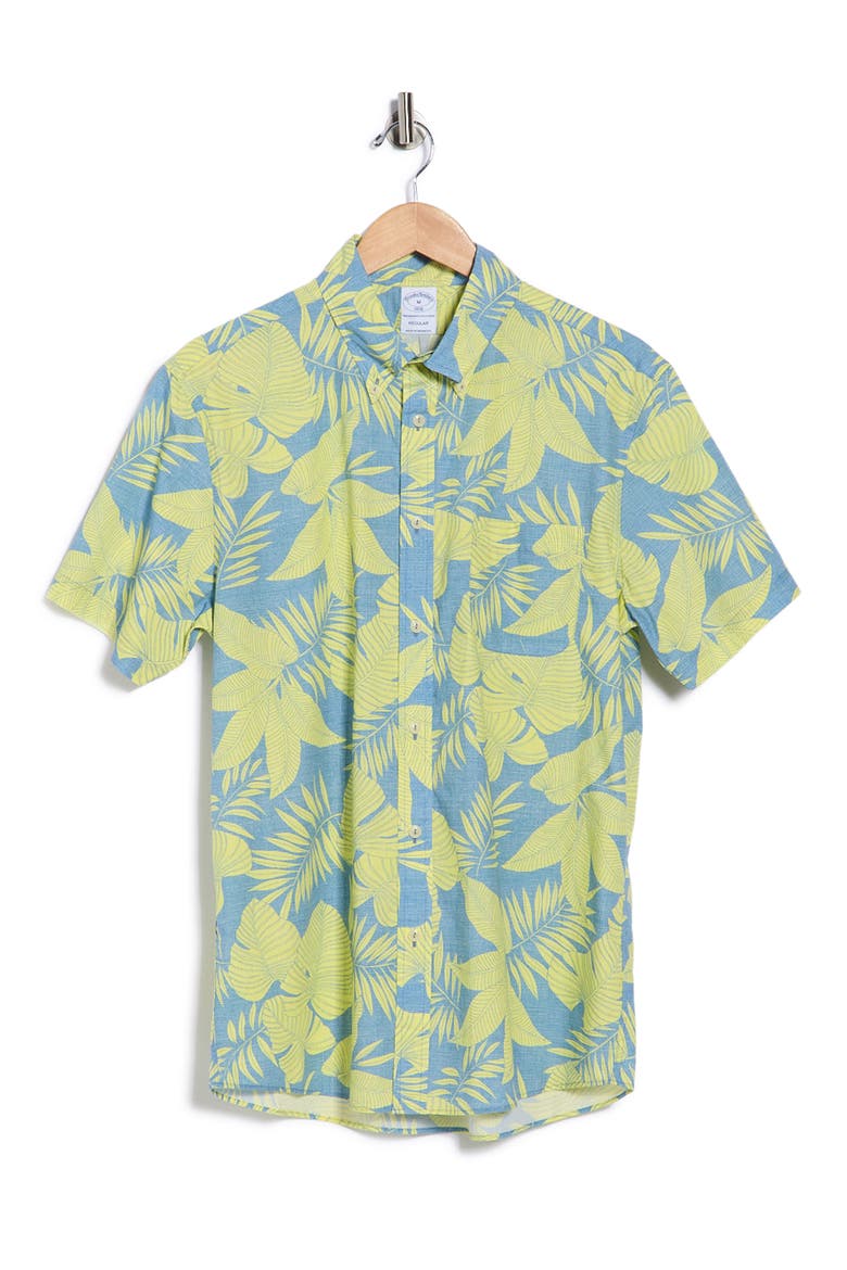 Regular Fit Leaf Print Short Sleeve Cotton Button-Down Shirt, Alternate, color, BLUE YELLOW