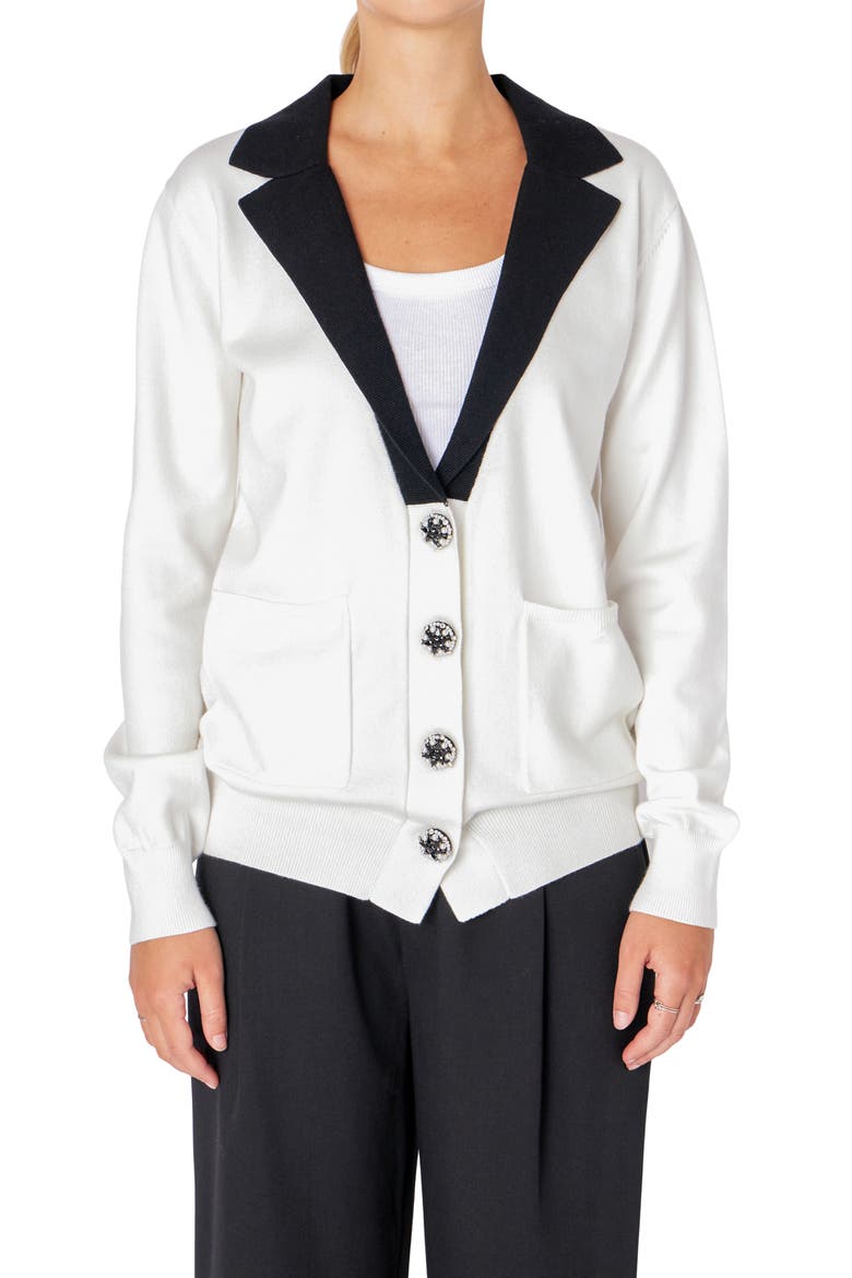 Jewel Button Blazer Cardigan, Alternate, color, IVORY/BLACK