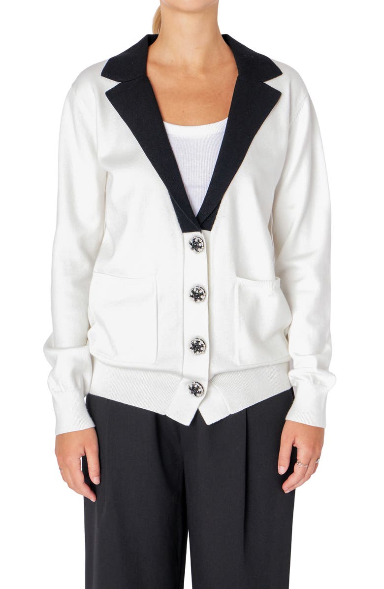 Endless Rose Jewel Button Blazer Cardigan, Alternate, color, Ivory/Black