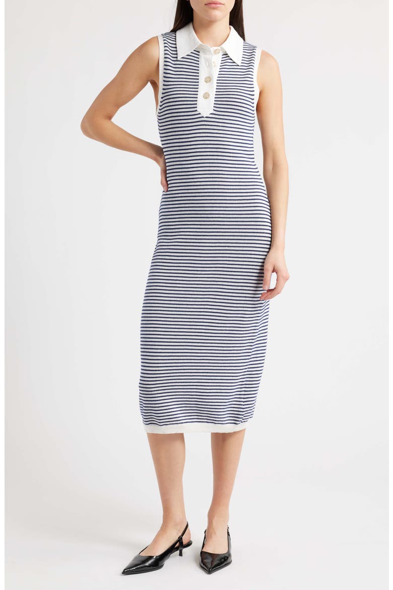 The Bold Stripe Knit Polo Midi Dress, Main, color, NAVY MULTI