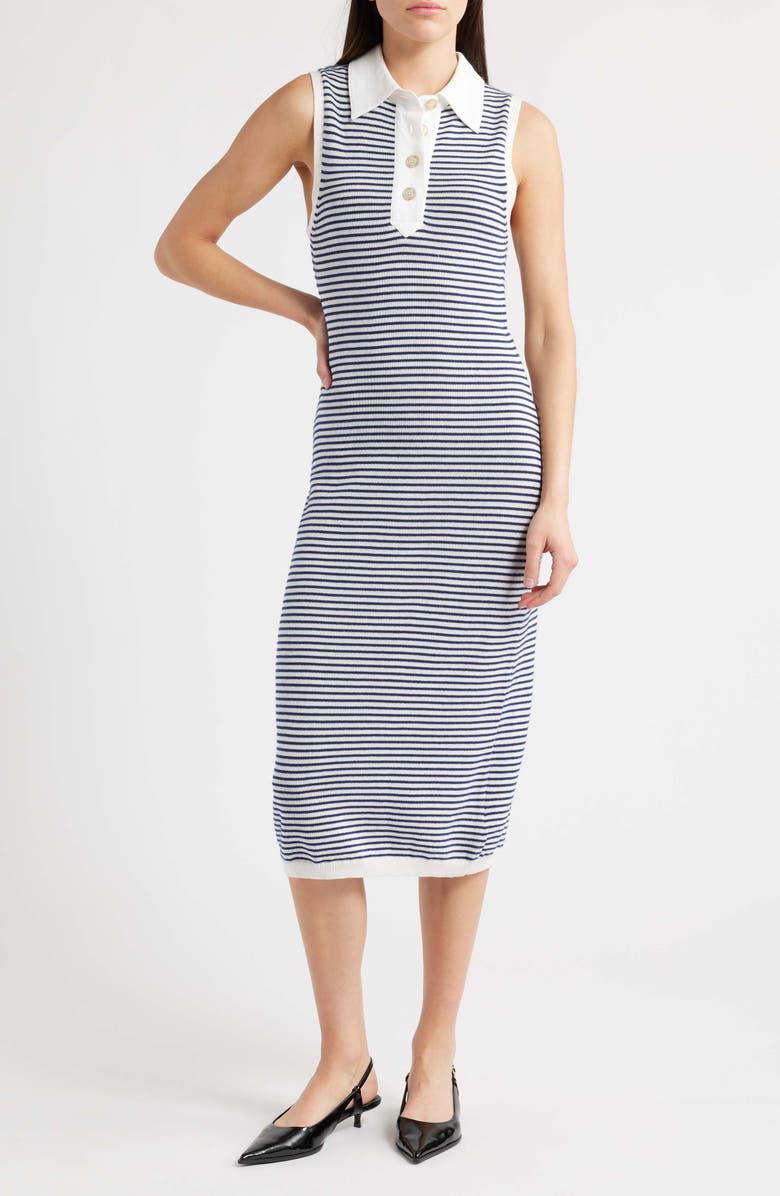 FRAME The Bold Stripe Knit Polo Midi Dress, Main, color, Navy Multi