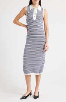 FRAME The Bold Stripe Knit Polo Midi Dress