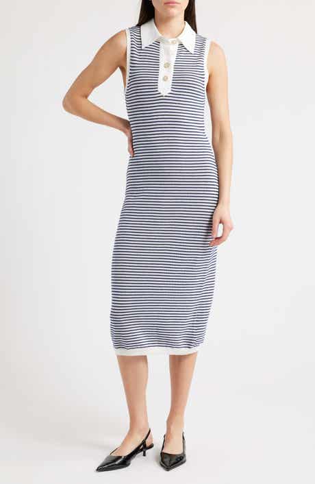 FRAME The Bold Stripe Knit Polo Midi Dress