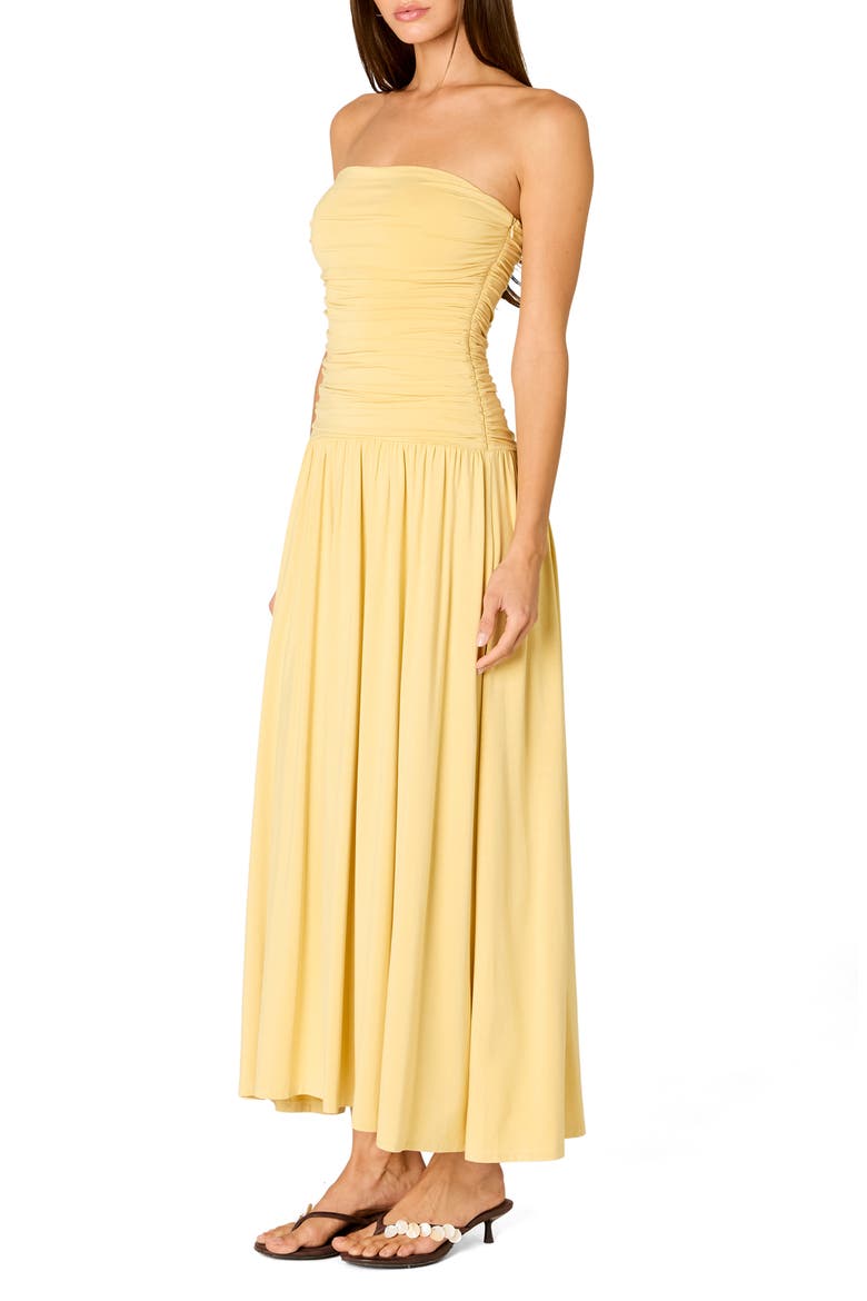Santal Ruched Strapless Midi Dress, Alternate, color, MAIZE