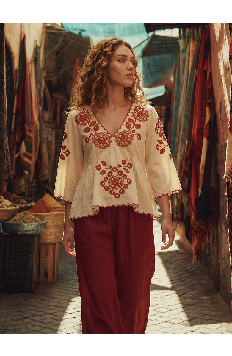 Raffya Aubrey V-Neck Embroidered Blouse, Alternate, color, Cream