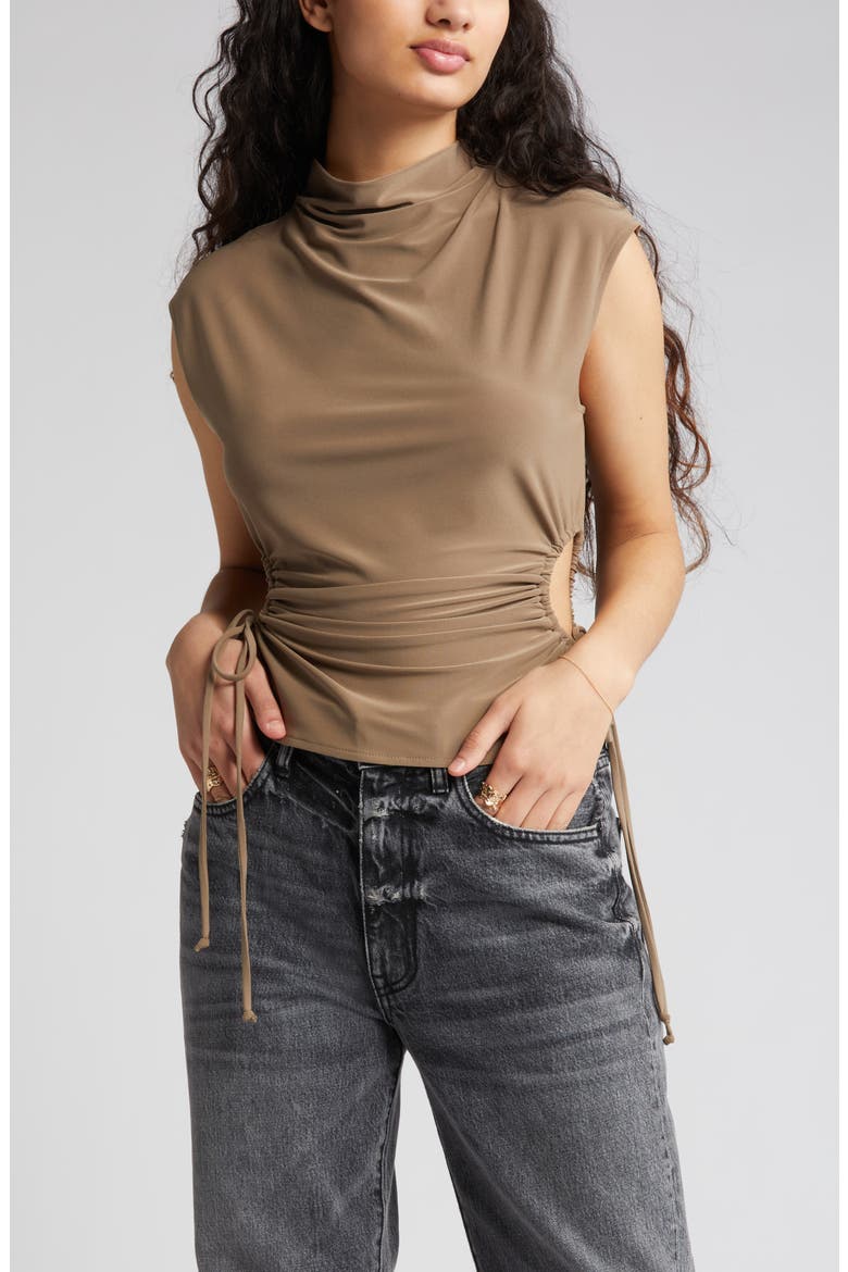 Ruched Cutout Mock Neck Top, Alternate, color, BROWN WALNUT