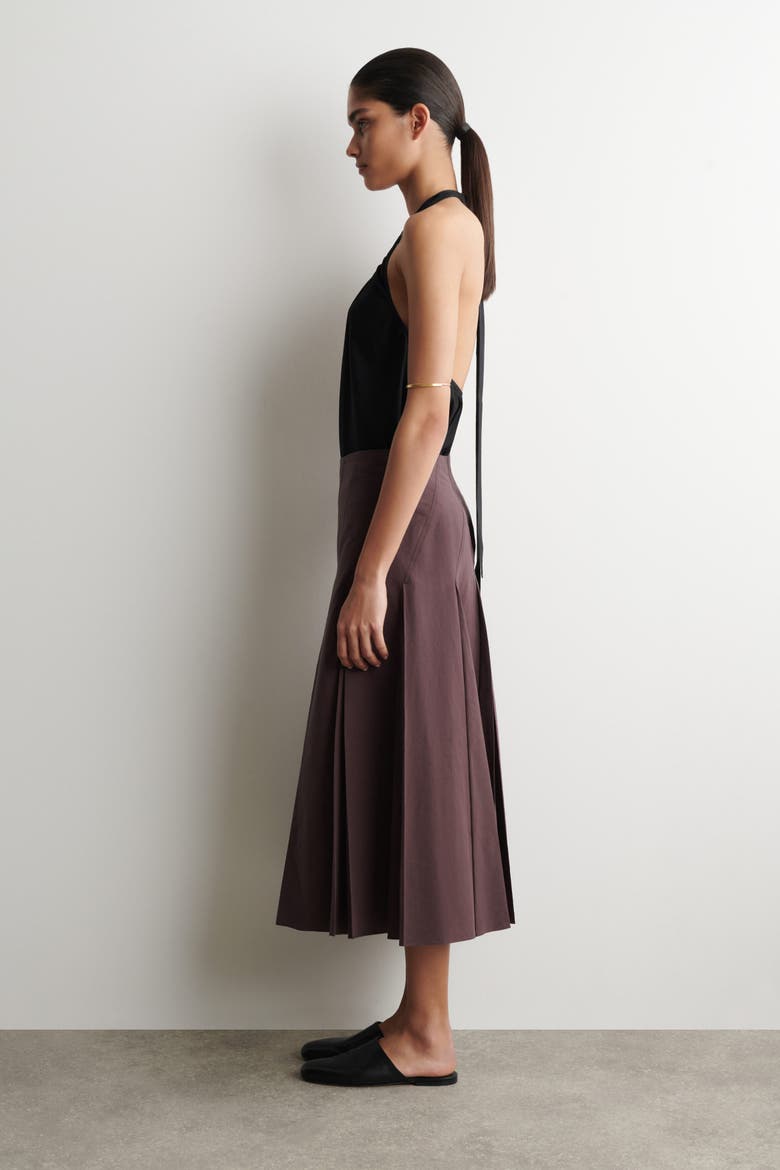 Pleated Cotton-linen Midi Skirt, Alternate, color, BURGUNDY