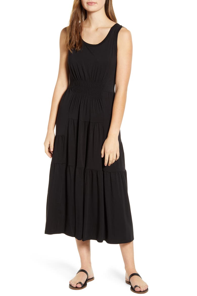 Kamala Tiered Ruffle Jersey Midi Dress, Main, color, BLACK