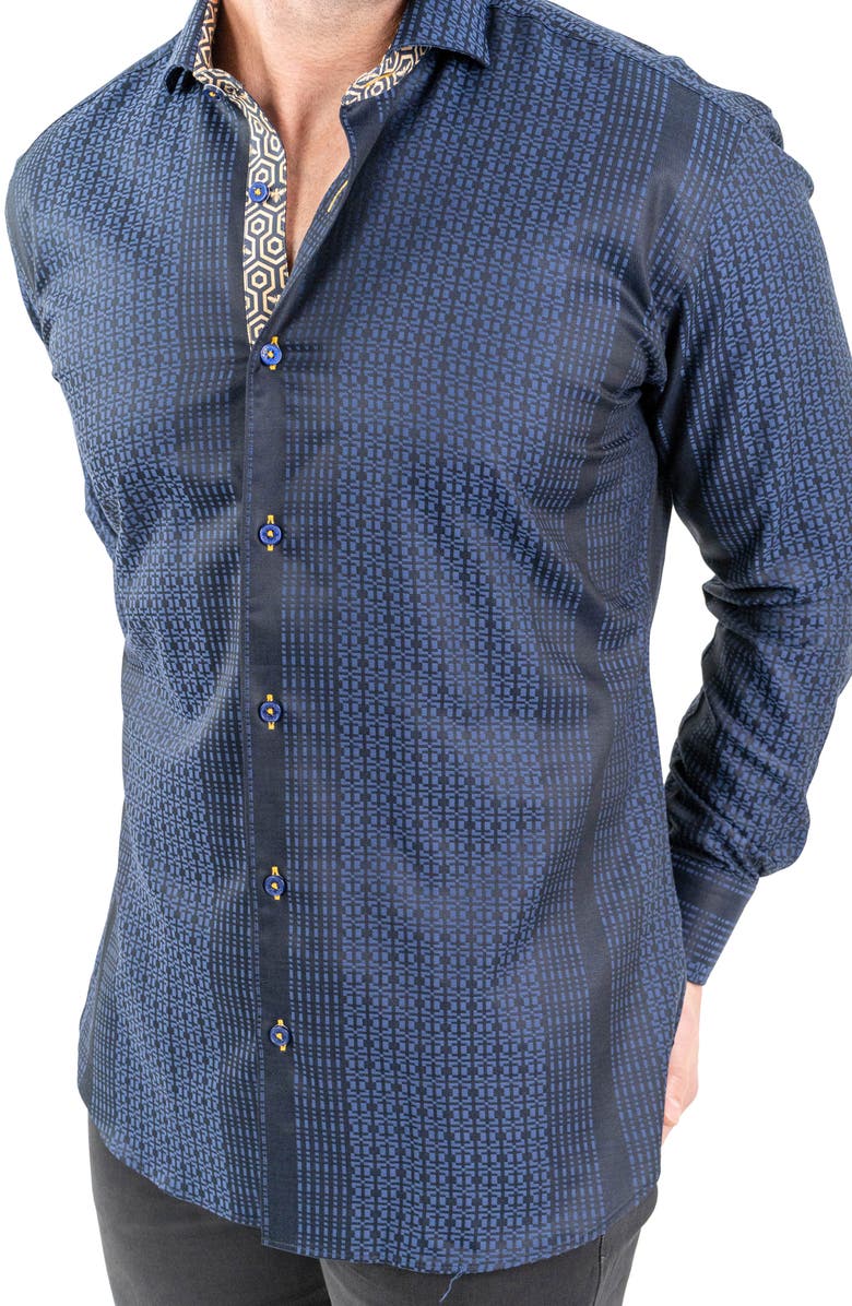 Maceoo Einstein Jacqhoneythree Blue Contemporary Fit Cotton Blend Button-Up Shirt, Alternate, color,