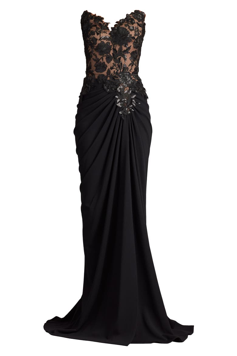 Sequin Embroidered Strapless Gown, Alternate, color, BLACK/ NUDE