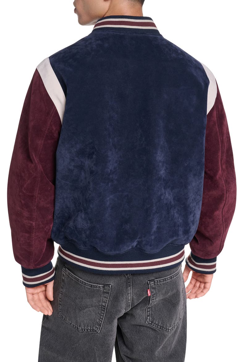 Faux Suede Varsity Bomber Jacket, Alternate, color, NAVY