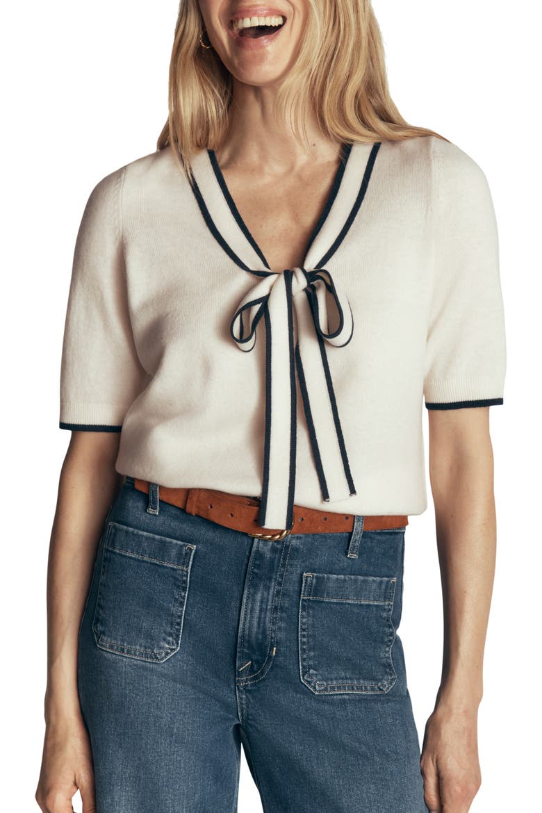Bow Neck Knitted T-Shirt, Main, color, IVORY