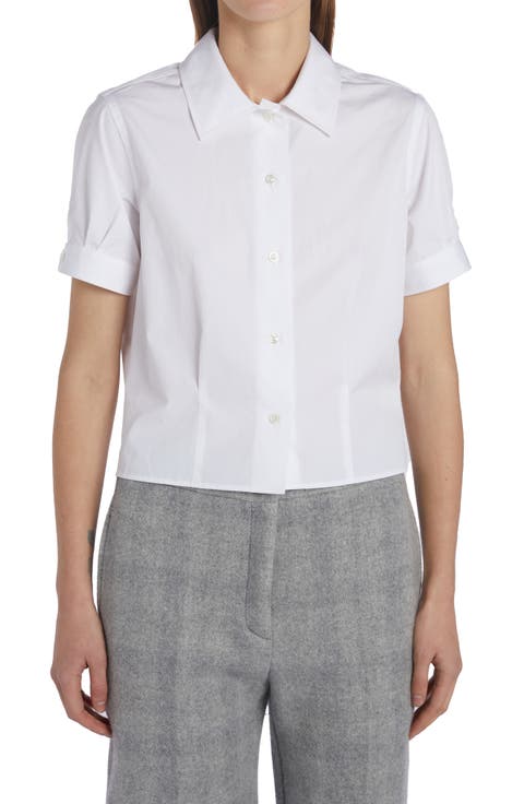 Pleated Cotton Poplin Button-Up Blouse