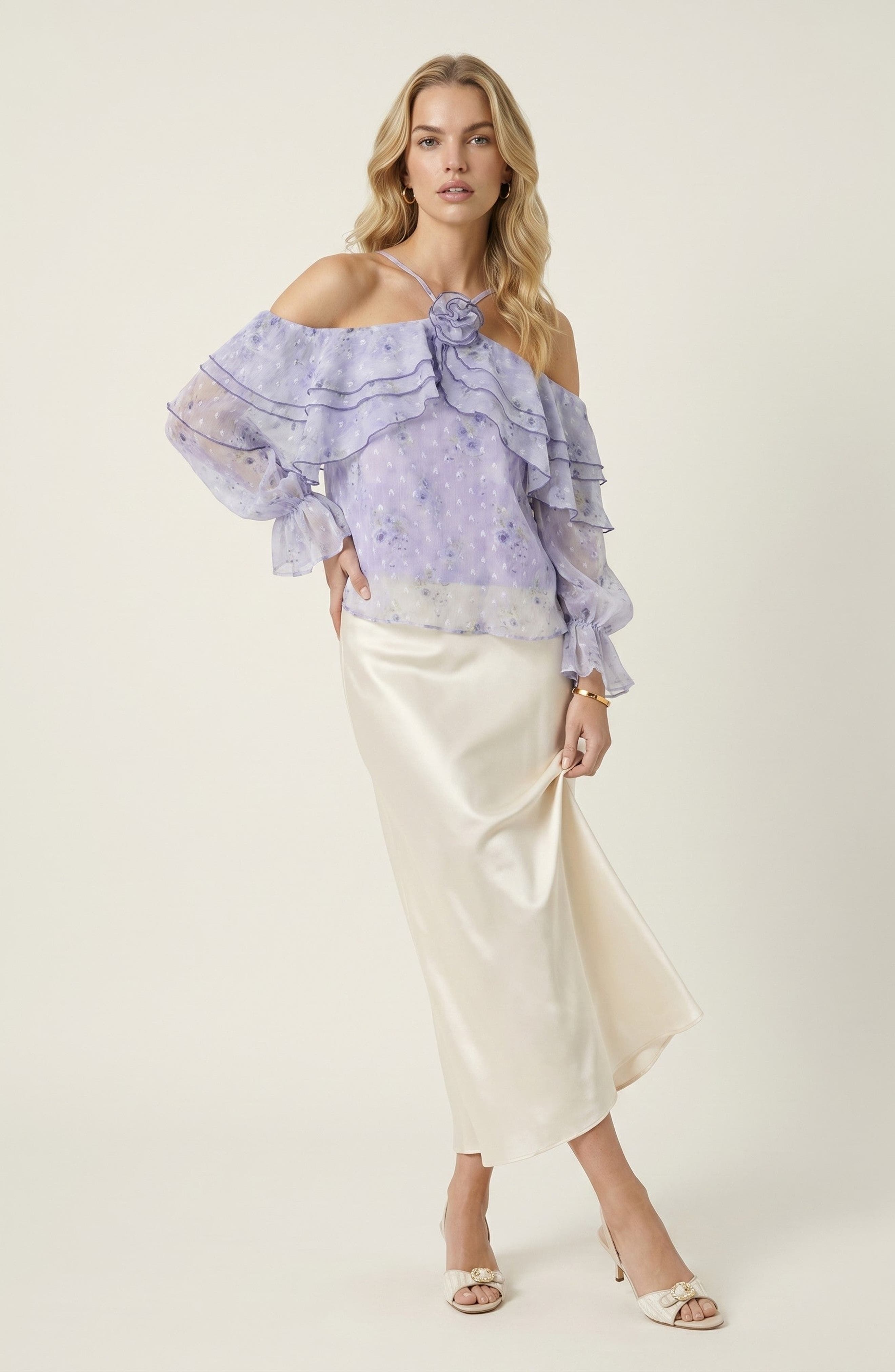 Modenaire Sheer Floral Ruffle Top with Rosette Neck (Women) | Nordstrom