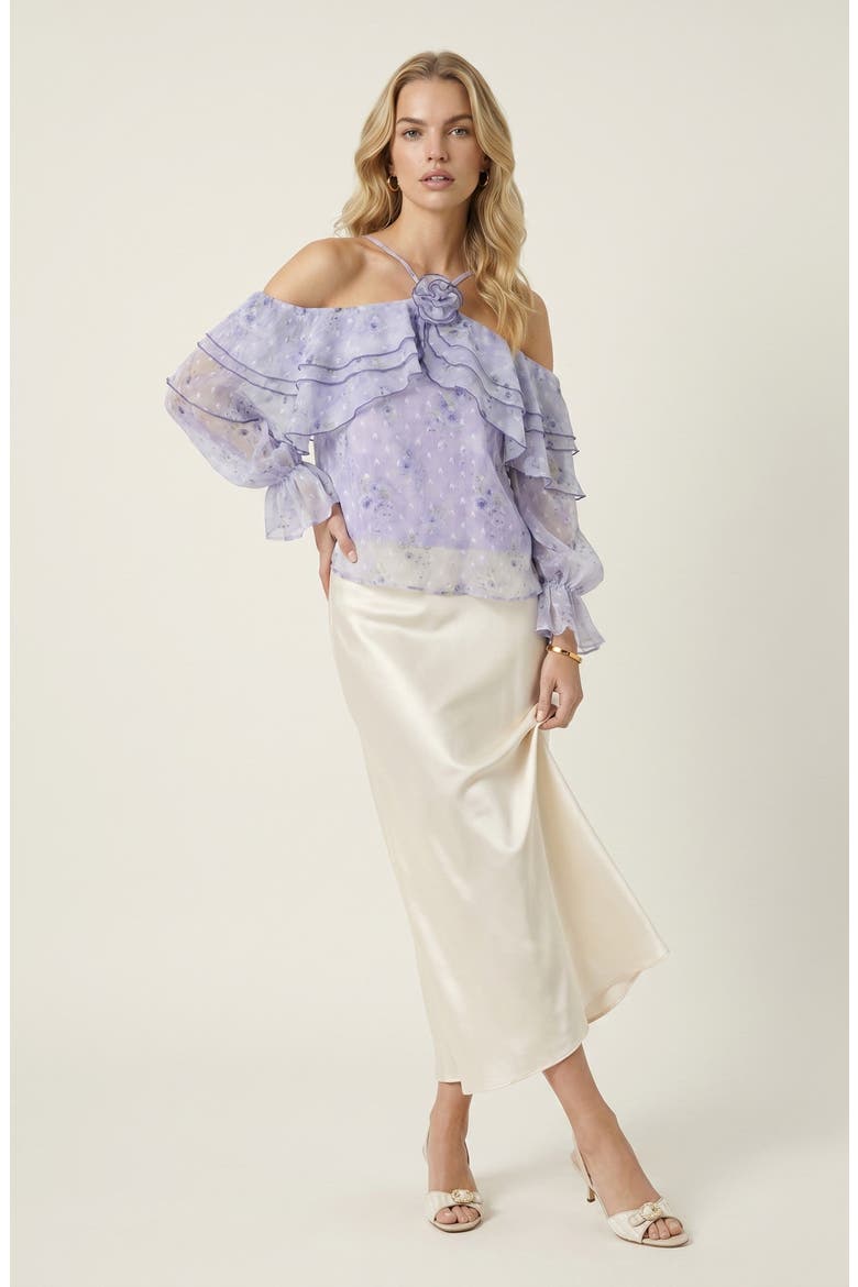 Sheer Floral Ruffle Top with Rosette Neck, Alternate, color, Lavender Floral