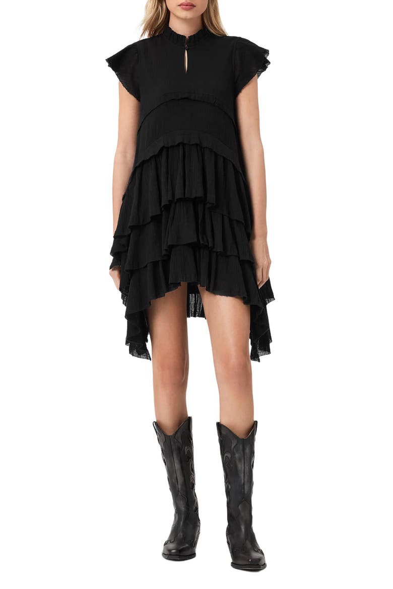 Cavalry Layered Ruffle High-Low Dress, Main, color, BLACK