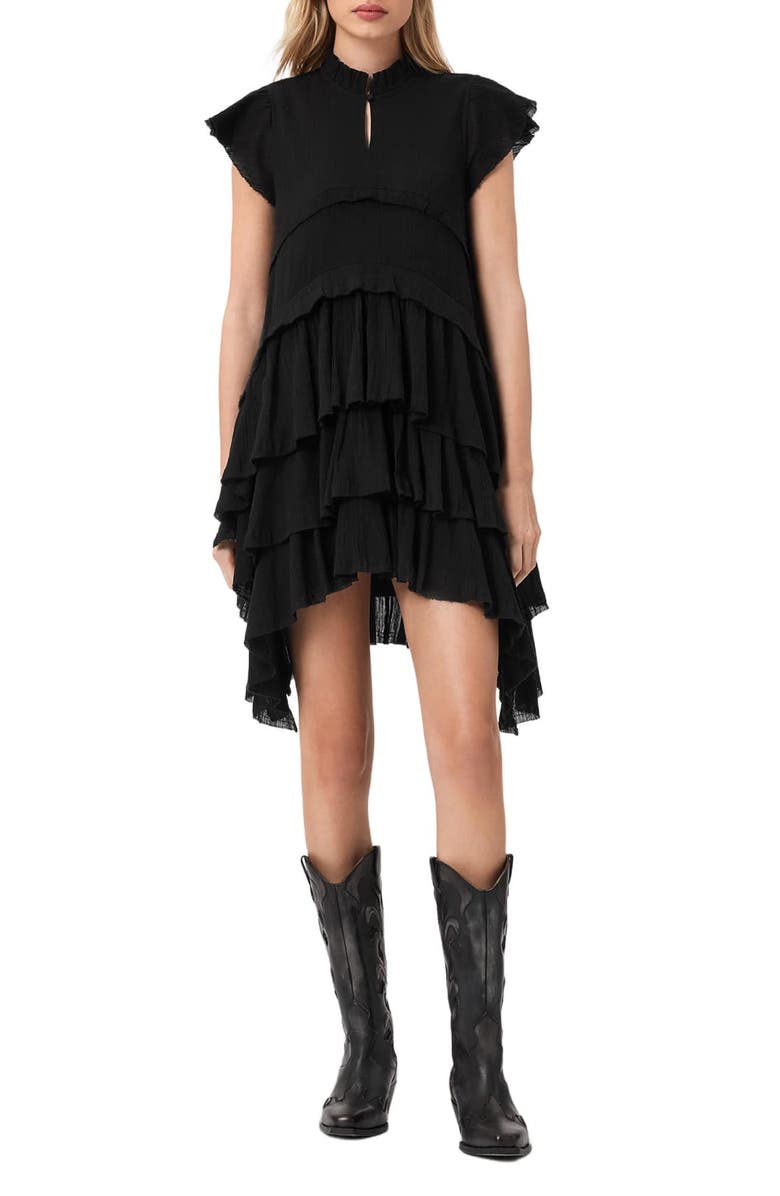 AllSaints Cavalry Layered Ruffle High-Low Dress, Main, color, Black