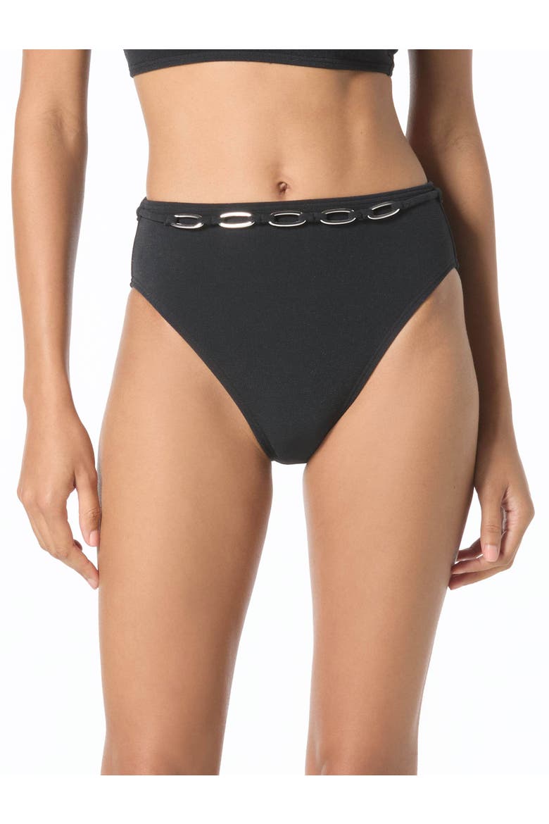 Oval Link Crepe Solids High Waist Swim Bottom, Main, color, Black