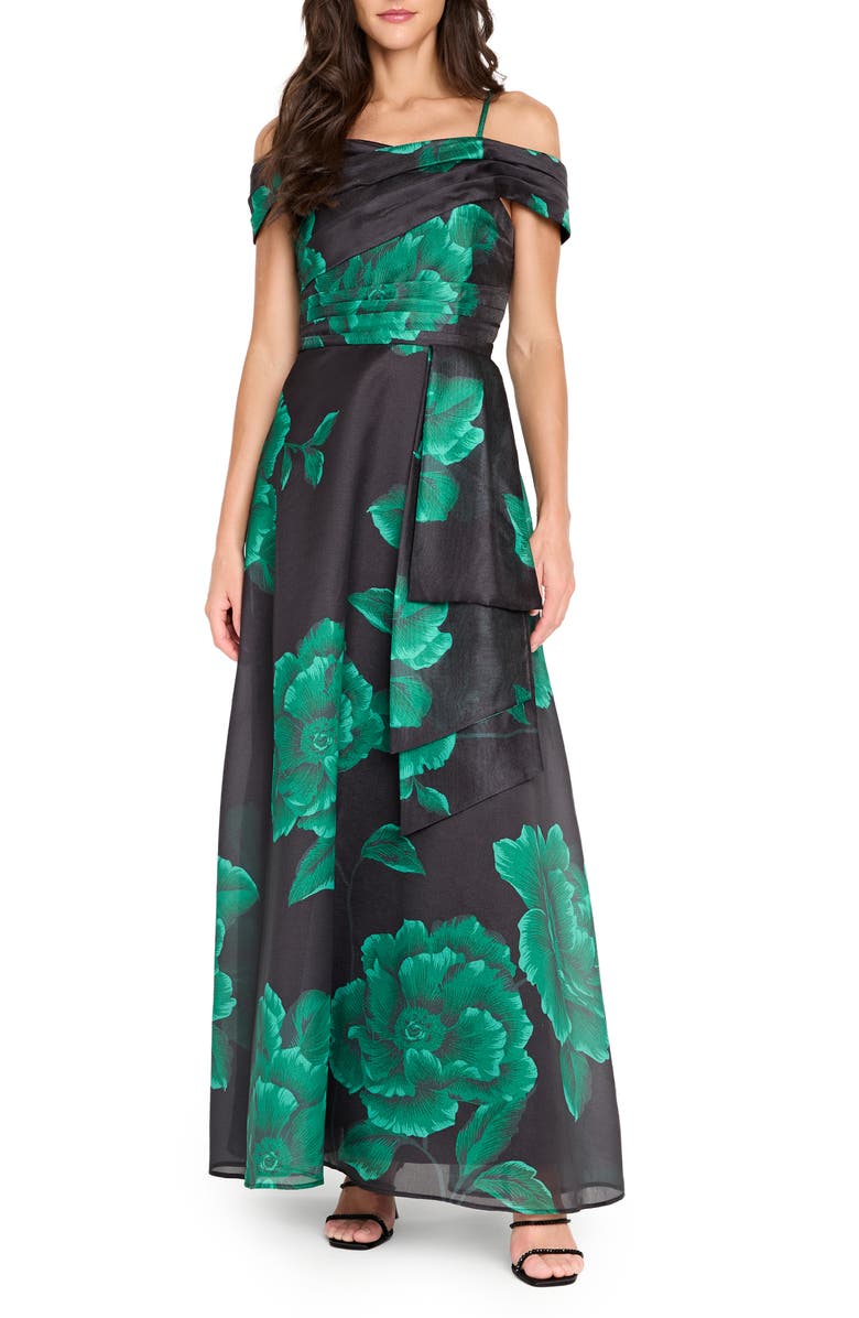 Tahari ASL Pleated Print Off the Shoulder Gown, Main, color, Black Green