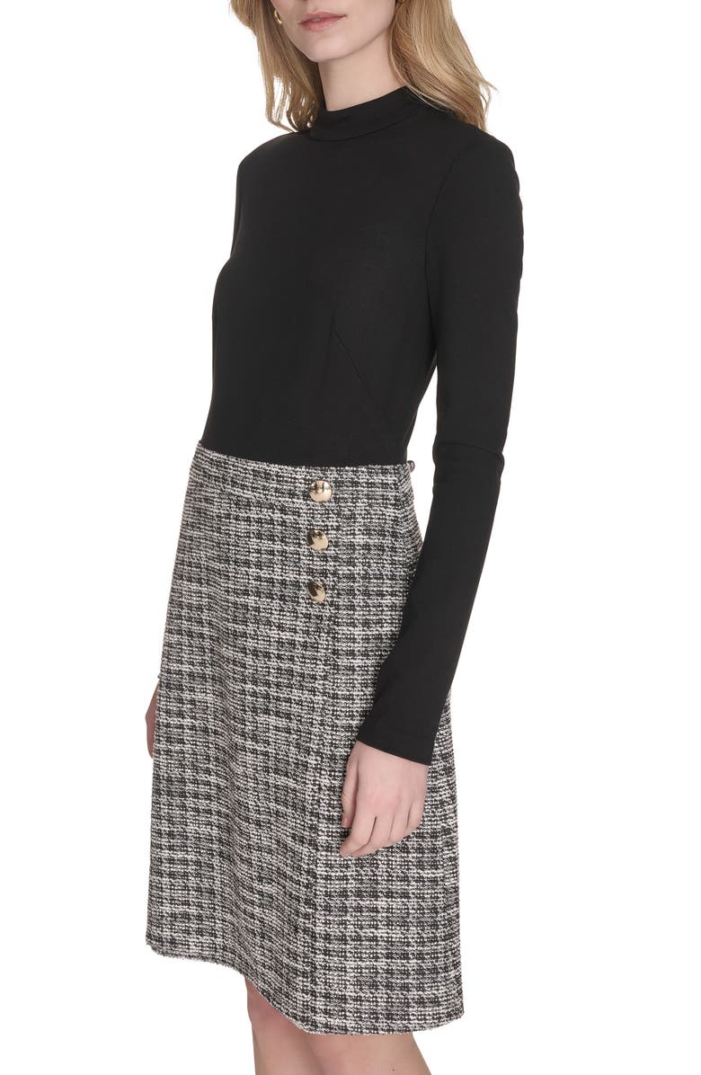 Eliza J Mock Neck Long Sleeve Mixed Media Dress, Alternate, color, Black Ivory