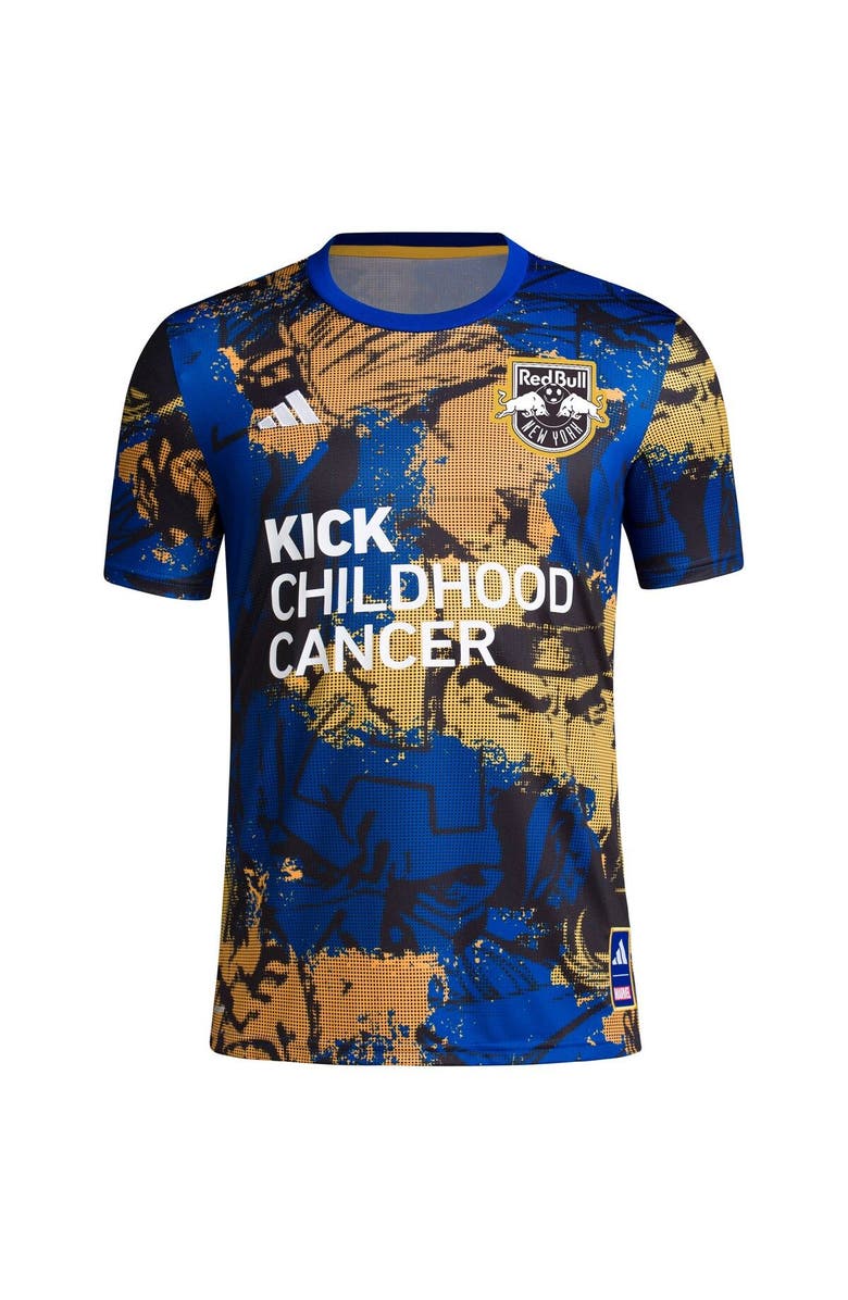 adidas Men's adidas Royal New York Red Bulls 2023 MLS Works Kick Childhood Cancer x Marvel Pre-Match Top, Alternate, color, 