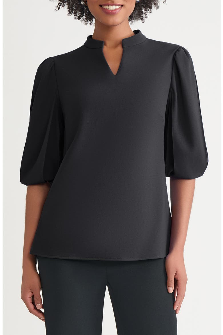 Deco Puff Sleeve Stretch Crepe Top, Main, color, BLACK