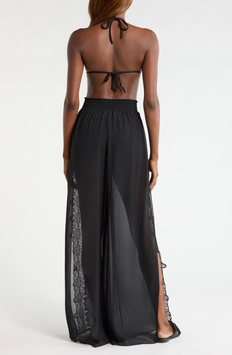 Ramy Brook Athena Lace Semisheer Split Hem Wide Leg Cover-Up Pants, Alternate, color, Black