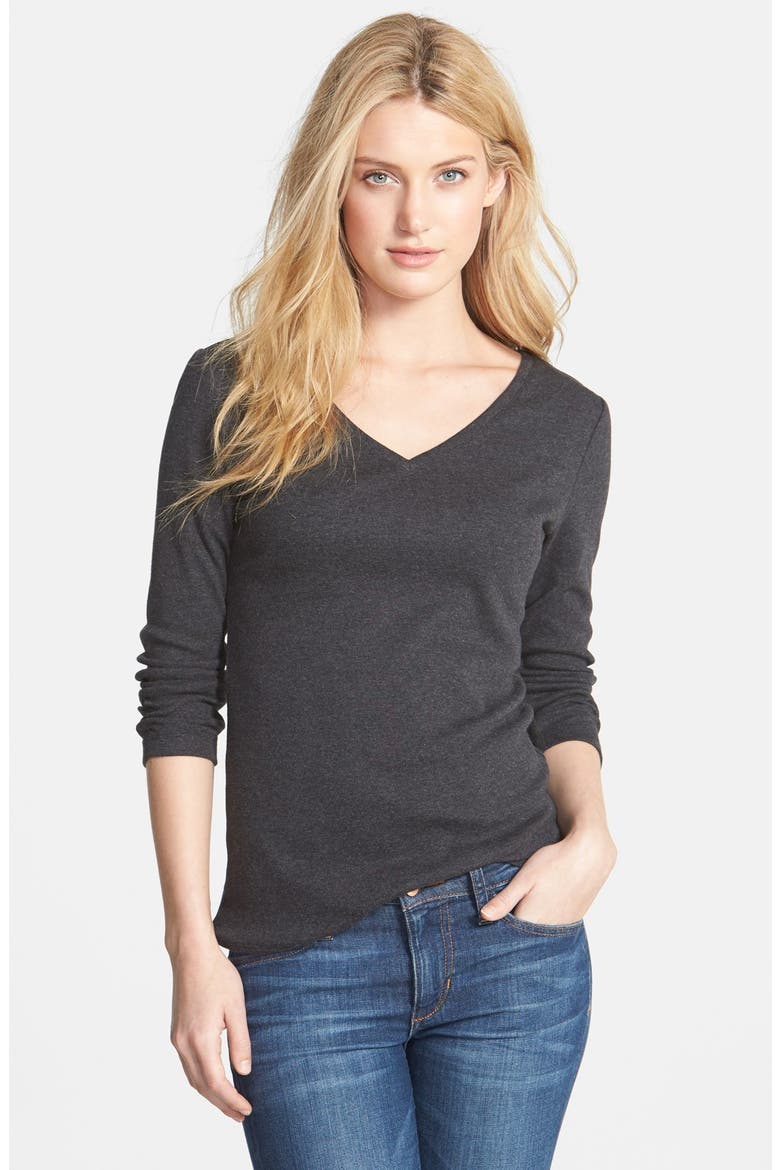Ruched Three Quarter Sleeve V-Neck Tee, Main, color, HEATHER CHARCOAL