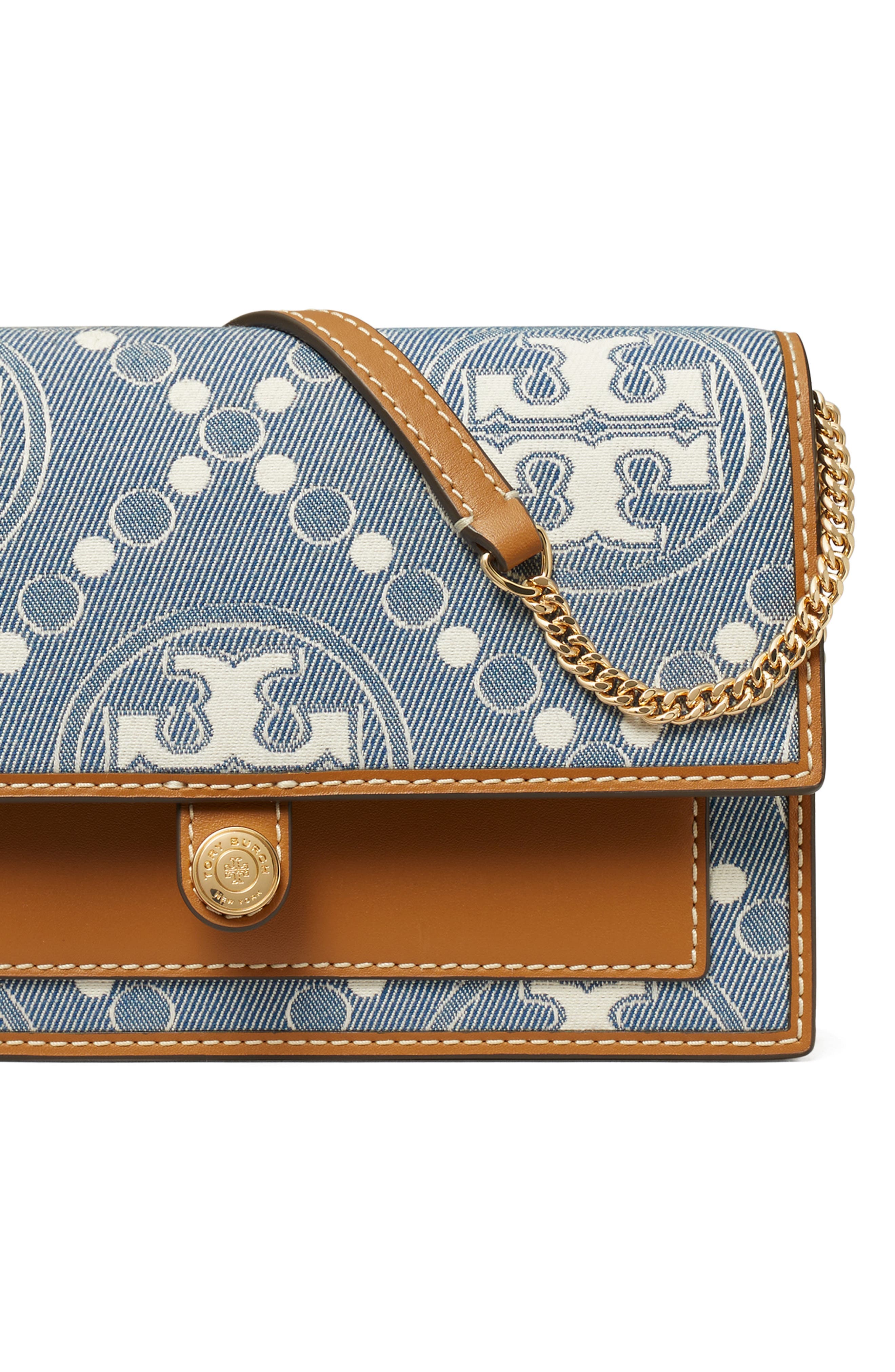 Tory Burch T Monogram Denim Wallet on a Chain, Alternate, color, 