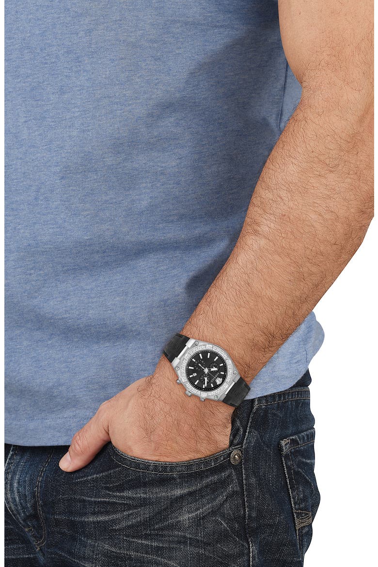 V-Sporty Creca Leather Strap Watch, 46mm, Alternate, color, STAINLESS STEEL