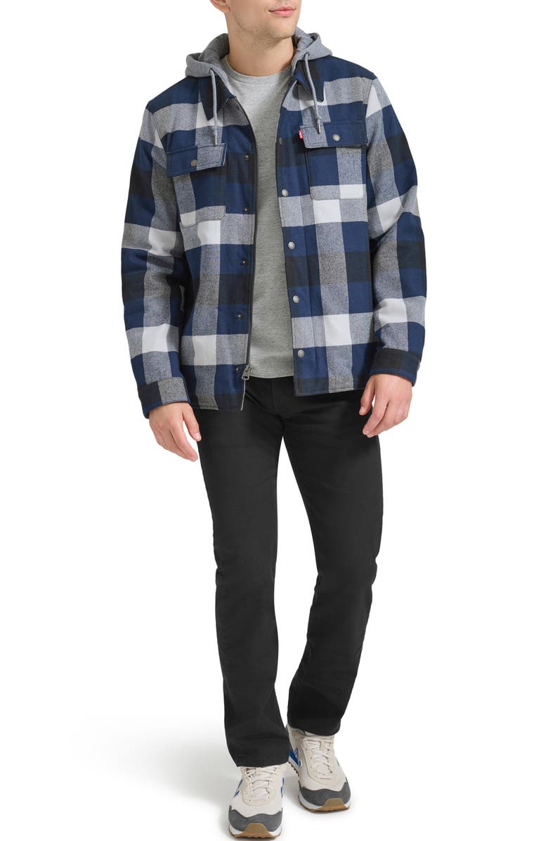 Levi's Plaid Faux Shearling Lined Jersey Hood Shirt Jacket, Alternate, color, Navy Twill