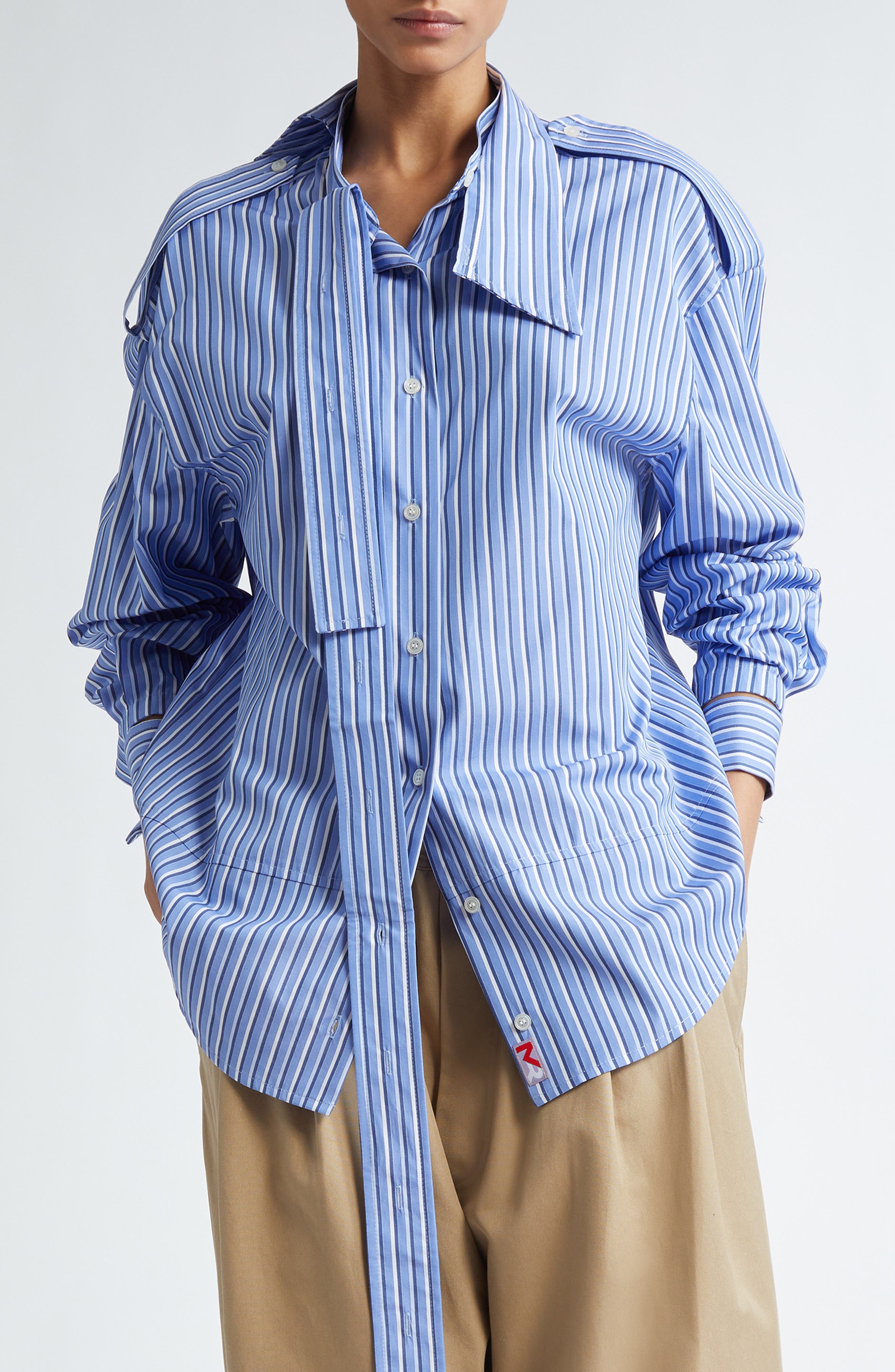 Deconstructed Stripe Asymmetric Cotton Button-Up Shirt (Women