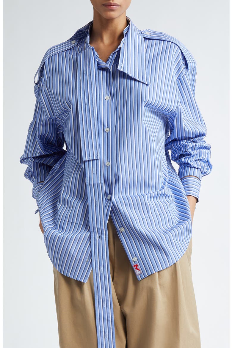 Meryll Rogge デコンストラクト フード付きシャツ　ストライプ　S Deconstructed Stripe Asymmetric Cotton Button-Up Shirt (Women