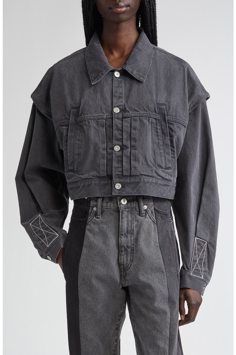 Power Shoulder Denim Crop Jacket, Main, color, BLACK