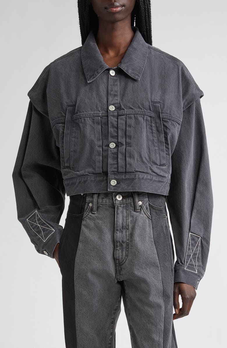 KURO Power Shoulder Denim Crop Jacket, Main, color, Black