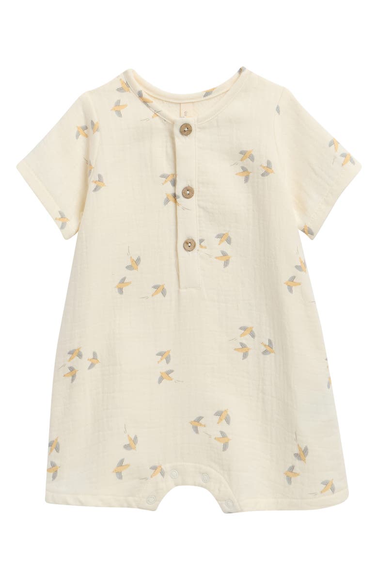 QUINCY MAE Bird Print Organic Cotton Romper, Main, color, Ivory