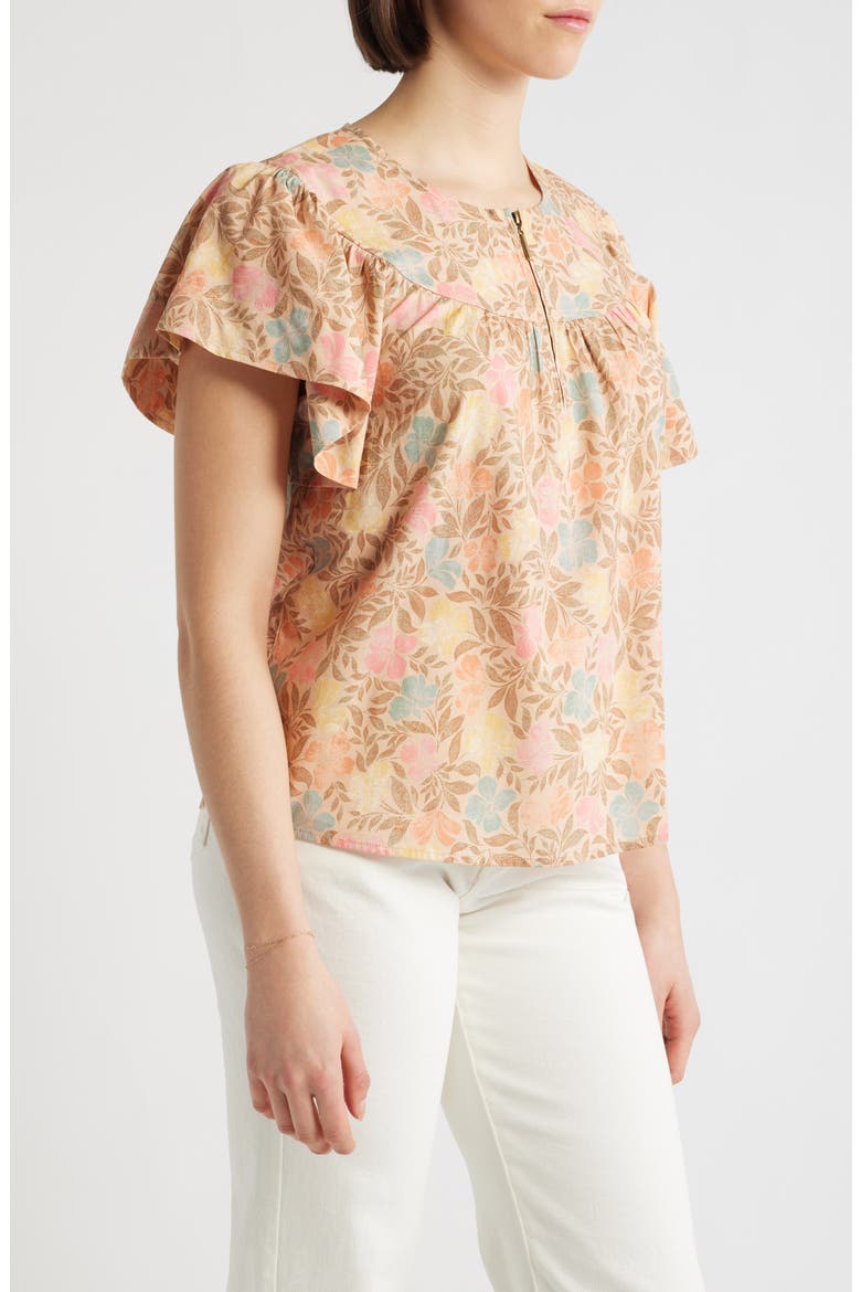 Floral Flutter Sleeve Quarter Zip Top, Alternate, color, GOLDEN SUGAR MULTI
