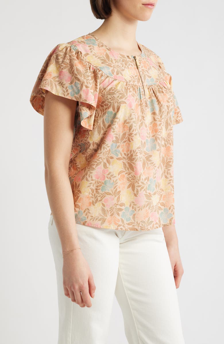 Wit & Wisdom Floral Flutter Sleeve Quarter Zip Top, Alternate, color, Golden Sugar Multi