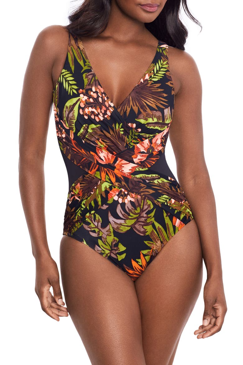 Botanico Crossover One-Piece Swimsuit, Main, color, BLACK MULTI