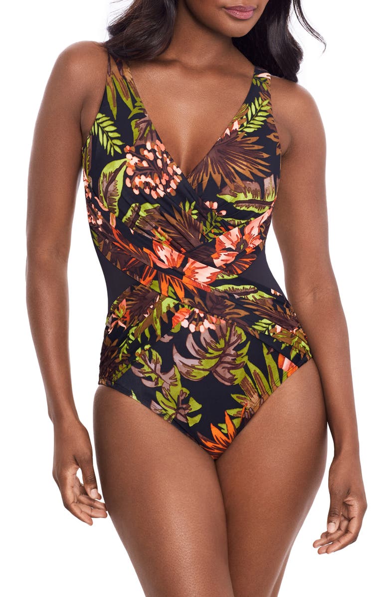 Miraclesuit<sup>®</sup> Botanico Crossover One-Piece Swimsuit, Main, color, Black Multi