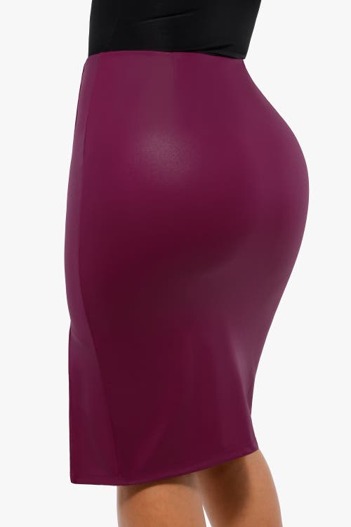 Popilush Shapewear Sculpting Faux Leather Front Slit Midi Skirt In Plum