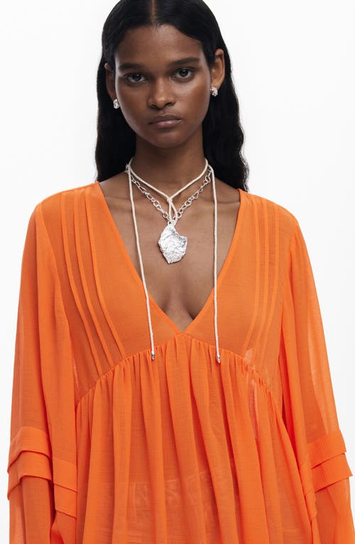 Desigual Balloon Sleeve Semisheer Top In Orange